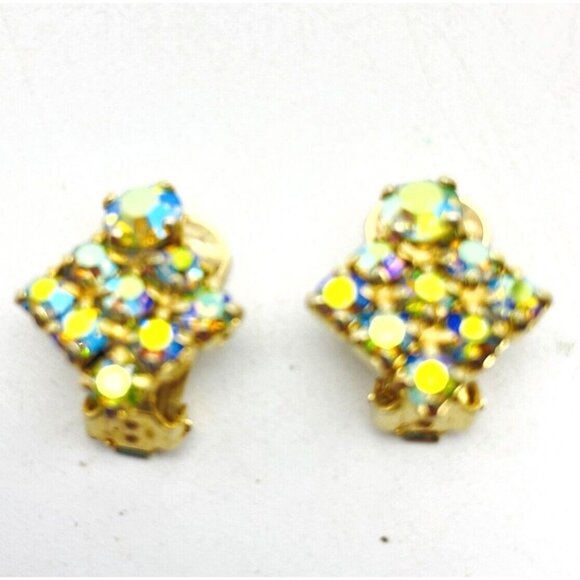 Vintage Square Aurora Borealis Earrings Gold Tone Clip On Glam Bling Sparkle - Picture 2 of 9